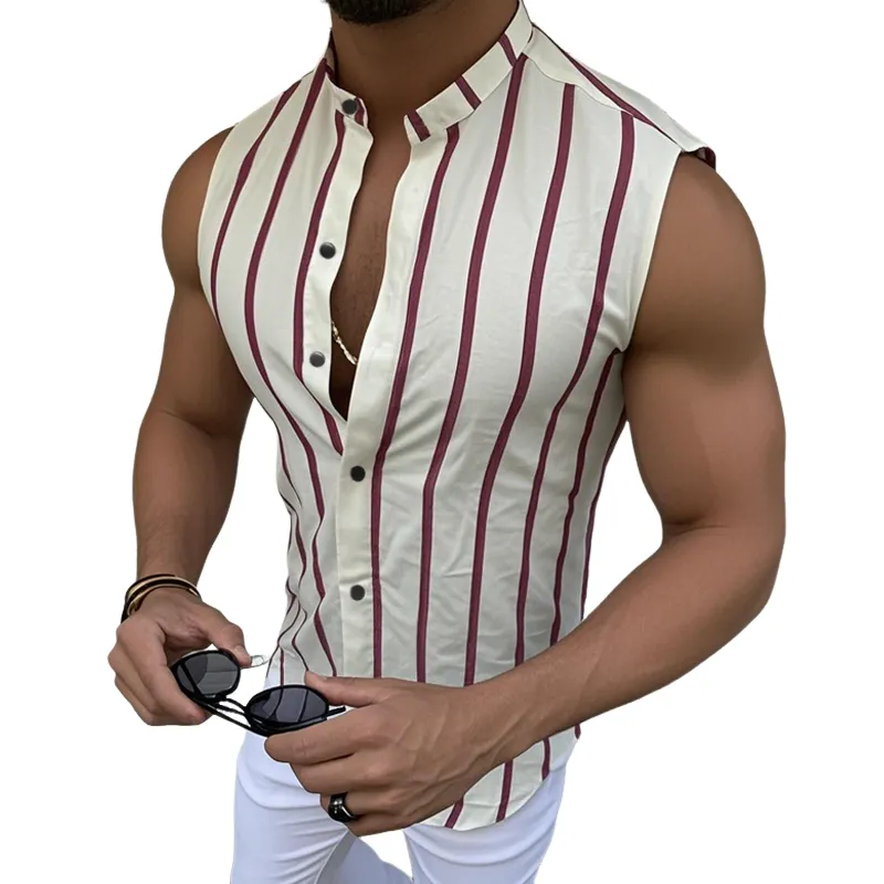 Men's Casual Cotton Striped Stand Collar Slim Fit Single Breasted Sleeveless Shirt MTA2213D6M sold by Manly