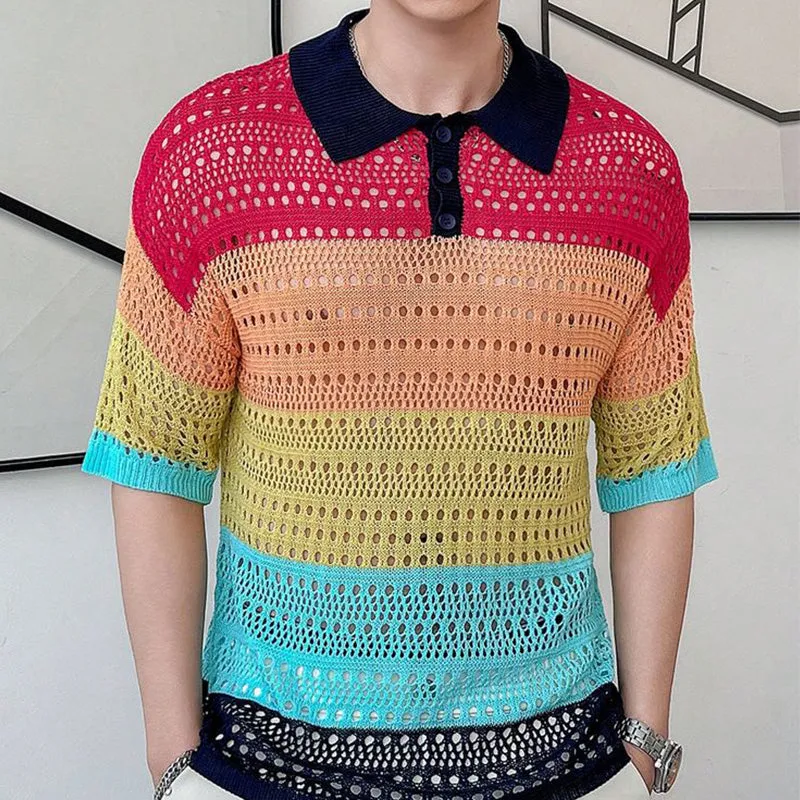 Men's Summer Hollow Breathable Striped Knitted Short-Sleeved Shirt MTA2304D2P sold by Manly product image thumbnail 2