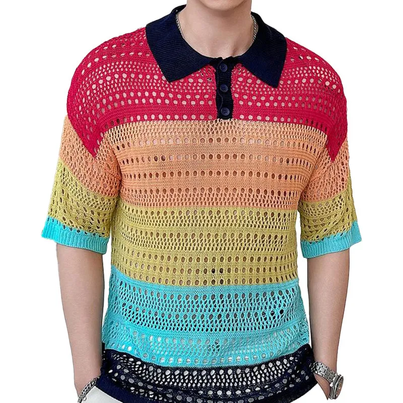 Men's Summer Hollow Breathable Striped Knitted Short-Sleeved Shirt MTA2304D2P sold by Manly