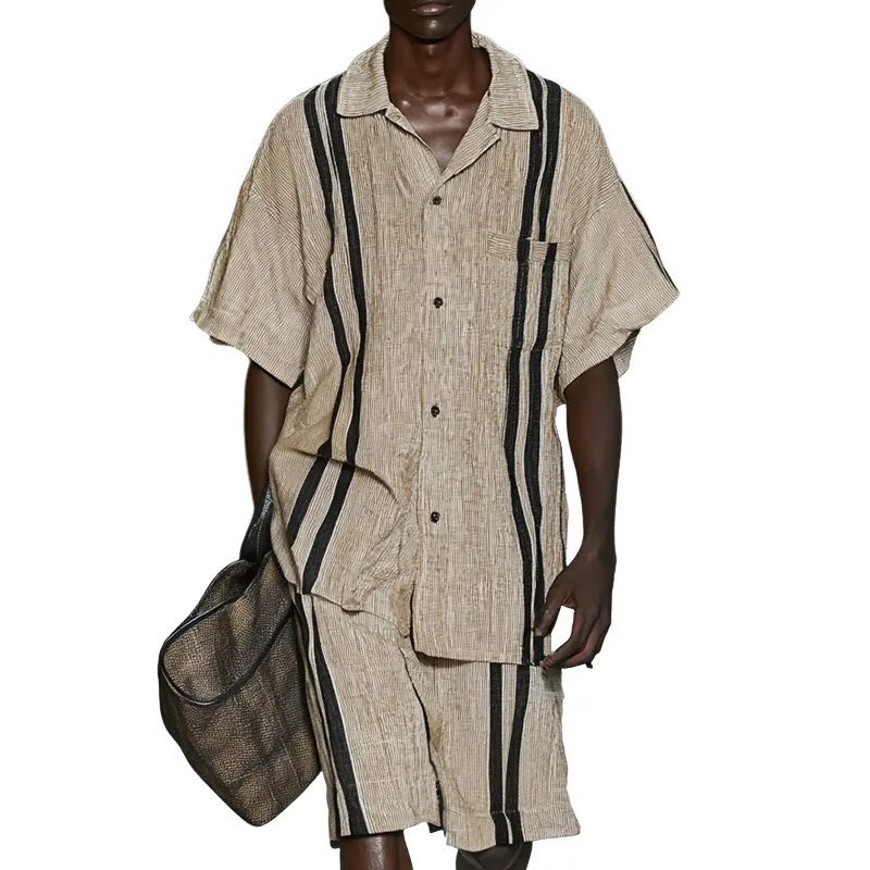 Fashion Striped Lapel Short Sleeve Shirt Shorts Casual Set MTA2213D0Z sold by Manly
