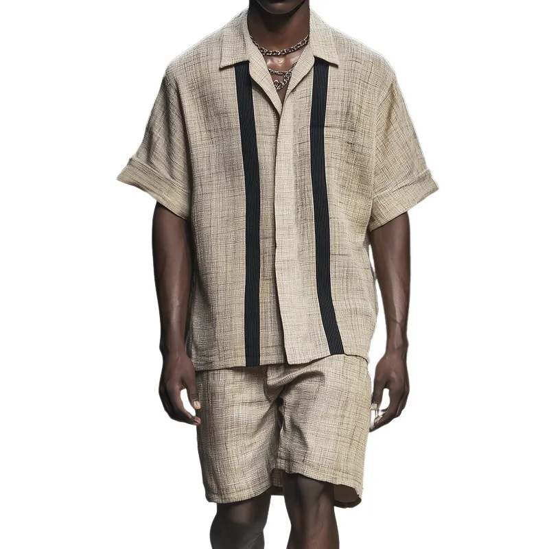 Fashion Striped Lapel Short Sleeve Shirt Shorts Casual Set MTA2290D3Z made by Manly