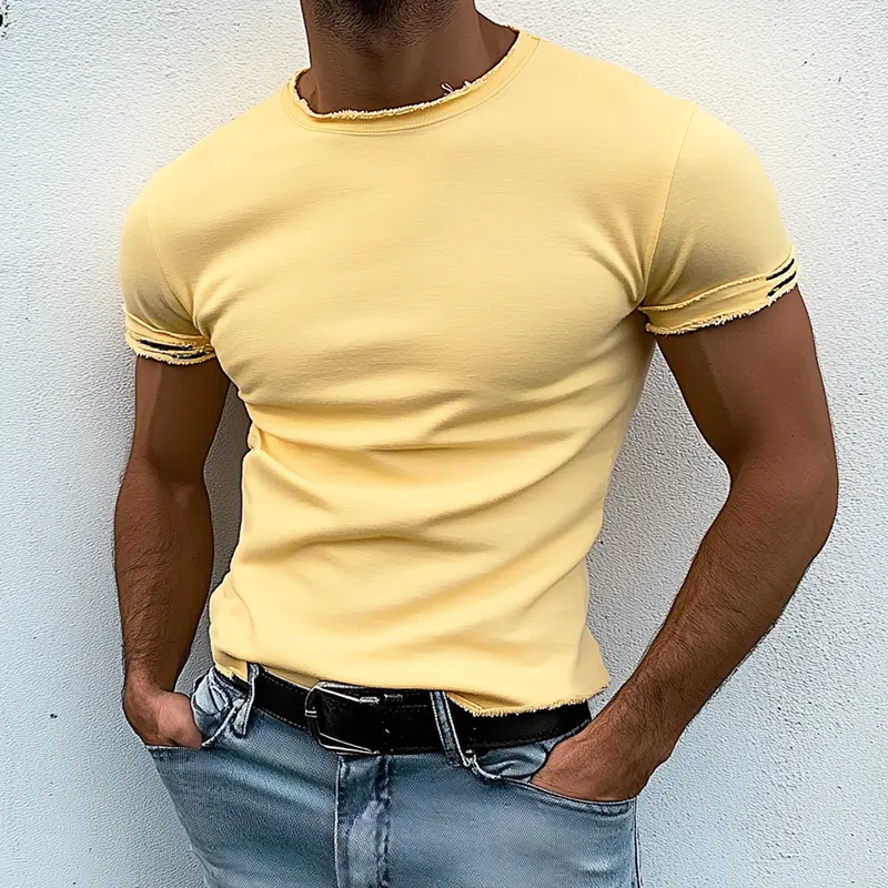 Men's Solid Raw Edge Holes Round Neck Short Sleeve T-shirt MTA2240D9Z sold by Manly product image thumbnail 2