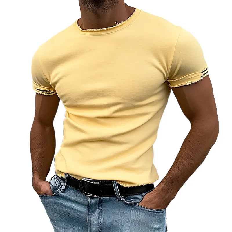 Men's Solid Raw Edge Holes Round Neck Short Sleeve T-shirt MTA2240D9Z sold by Manly
