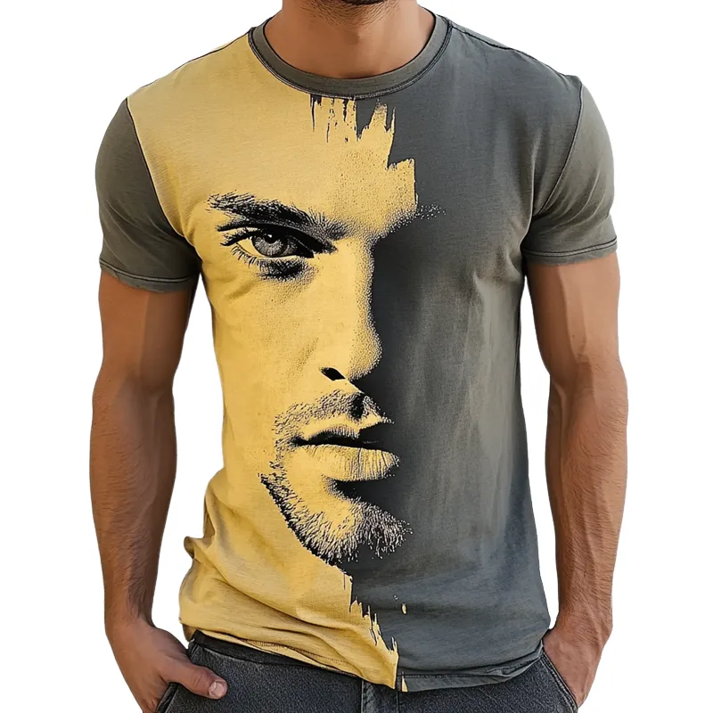 Men's Face Print Round Neck Short Sleeve T-shirt MTA2231D7Z sold by Manly