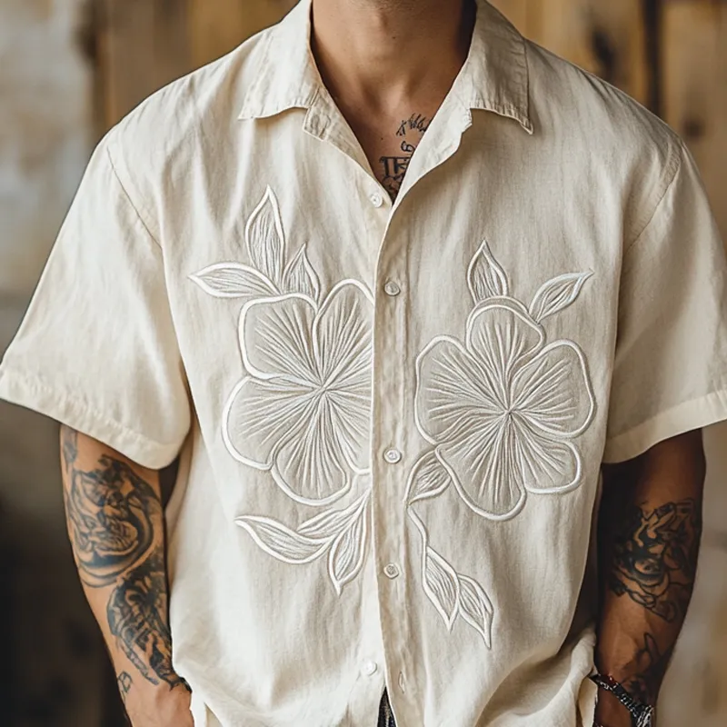 Men's Floral Embroidered Lapel Short Sleeve Shirt MTA2256D4Z sold by Manly product image thumbnail 3