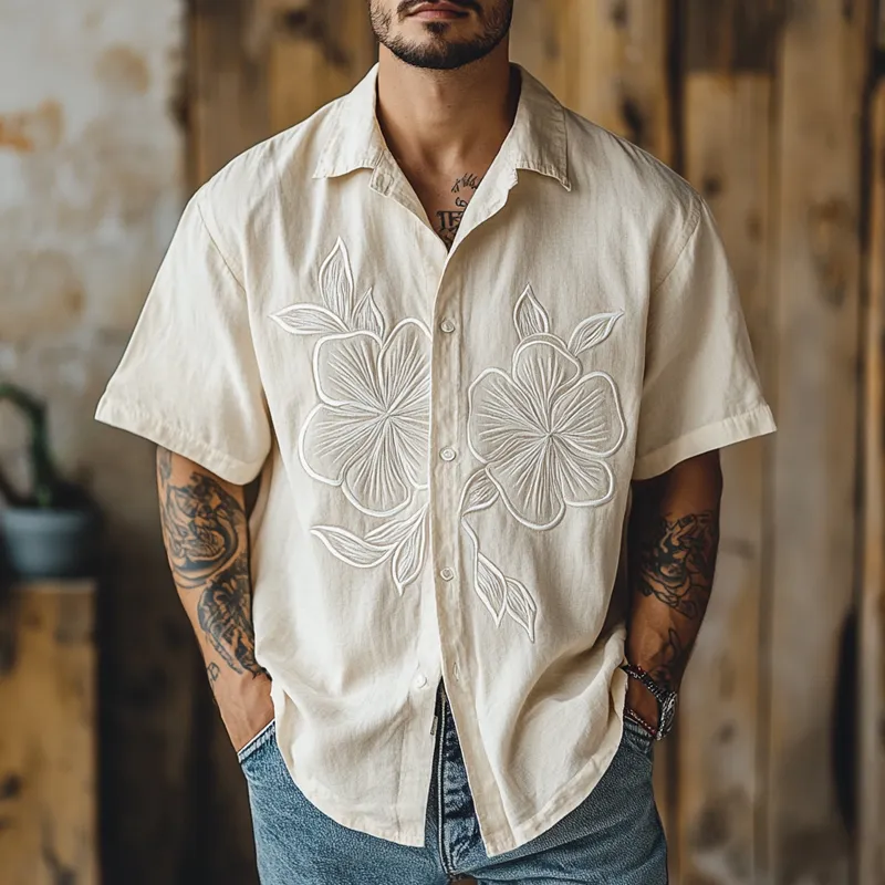 Men's Floral Embroidered Lapel Short Sleeve Shirt MTA2256D4Z sold by Manly product image thumbnail 2