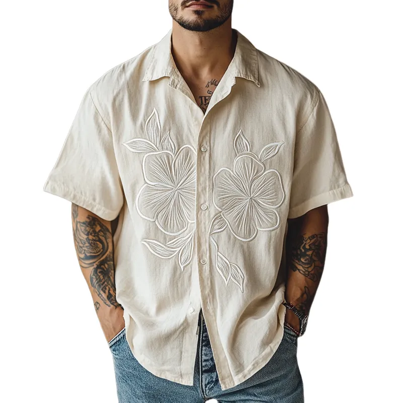 Men's Floral Embroidered Lapel Short Sleeve Shirt MTA2256D4Z sold by Manly