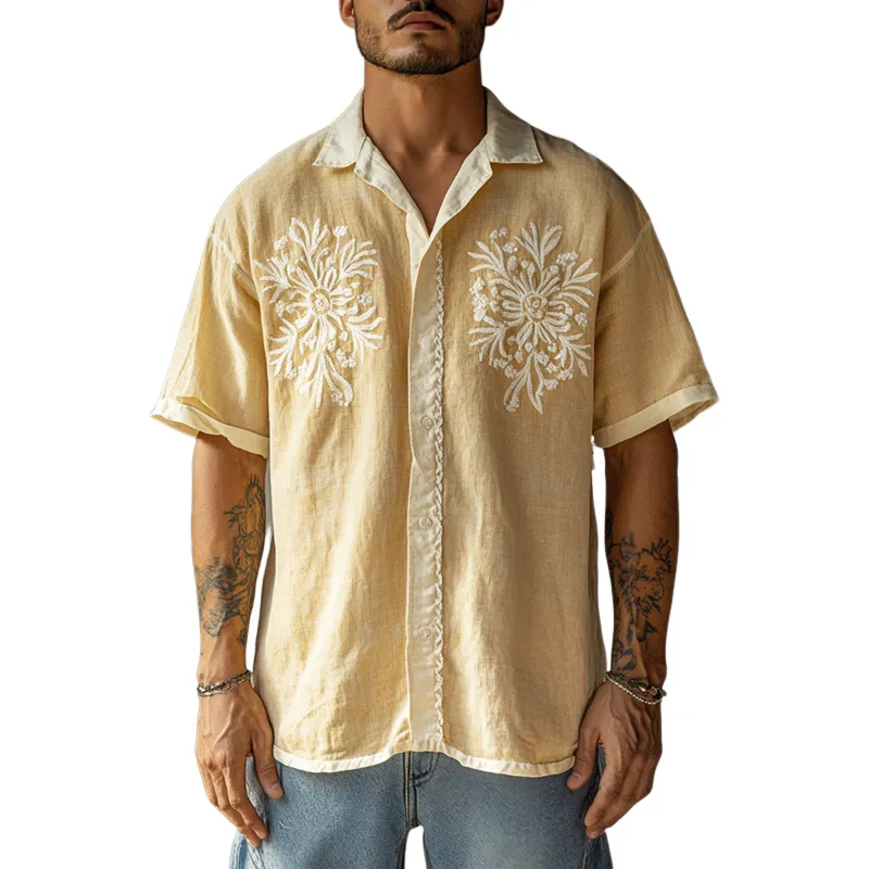 Men's Floral Embroidered Lapel Short Sleeve Shirt MTA2284D2Z sold by Manly