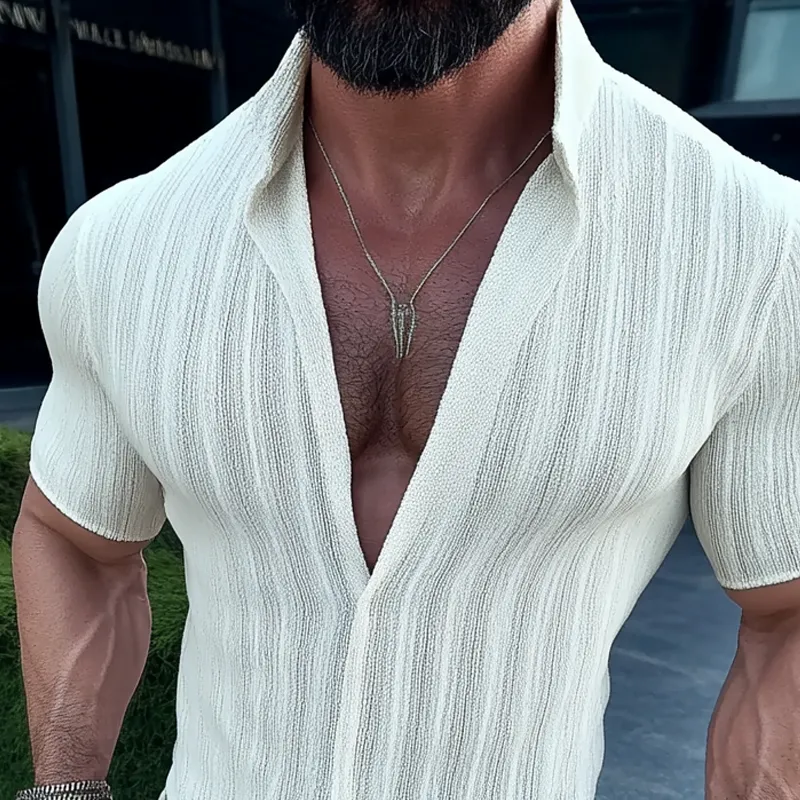 Men's Striped Stand Collar Short Sleeve Shirt MTA2278D8Z sold by Manly product image thumbnail 3