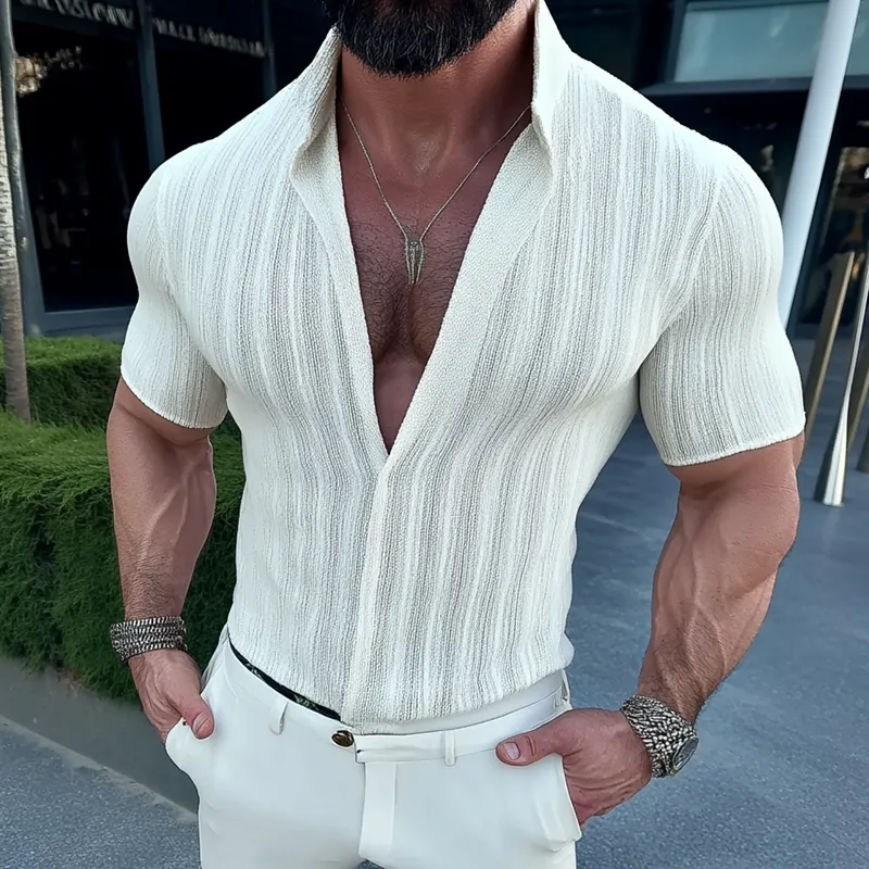 Men's Striped Stand Collar Short Sleeve Shirt MTA2278D8Z sold by Manly product image thumbnail 2