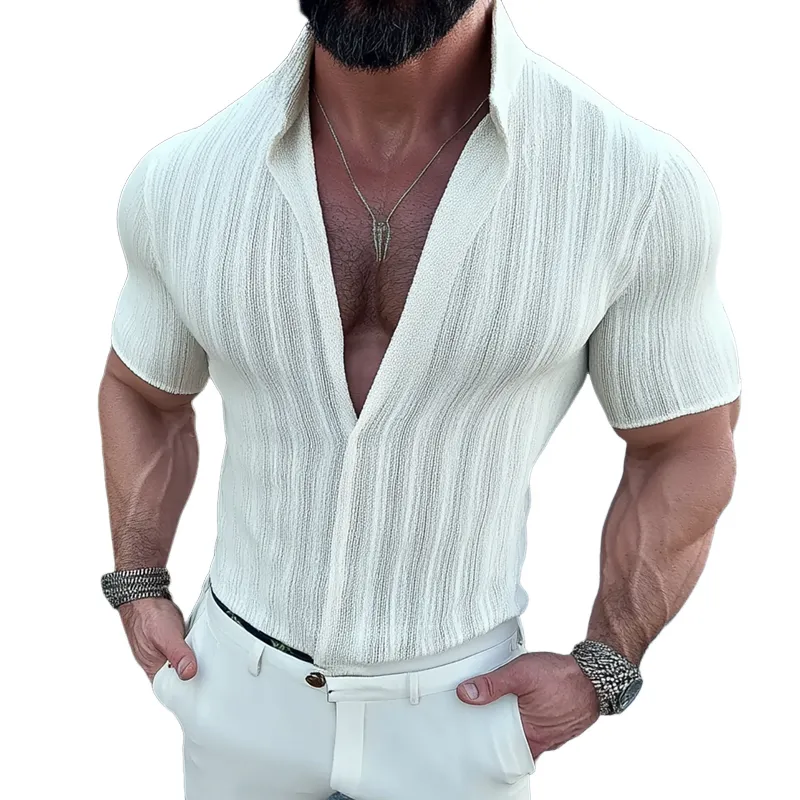 Men's Striped Stand Collar Short Sleeve Shirt MTA2278D8Z sold by Manly