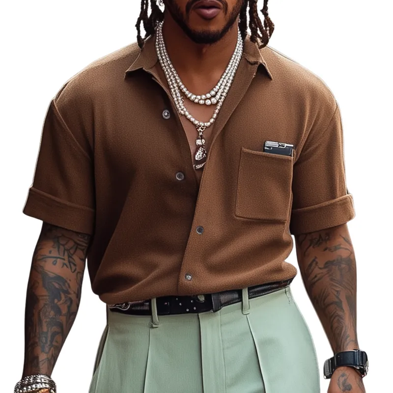 Men's Solid Lapel Chest Pocket Short Sleeve Shirt MTA2249D5Z sold by Manly