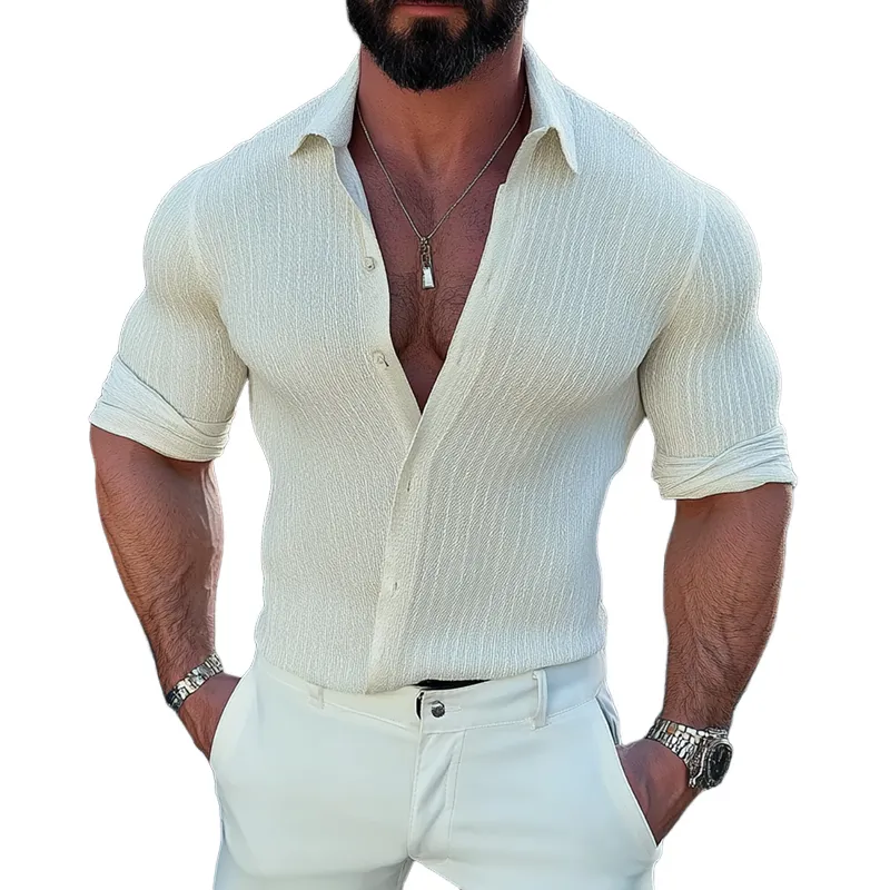 Men's Solid Striped Lapel Long Sleeve Shirt MTA2266D3Z sold by Manly