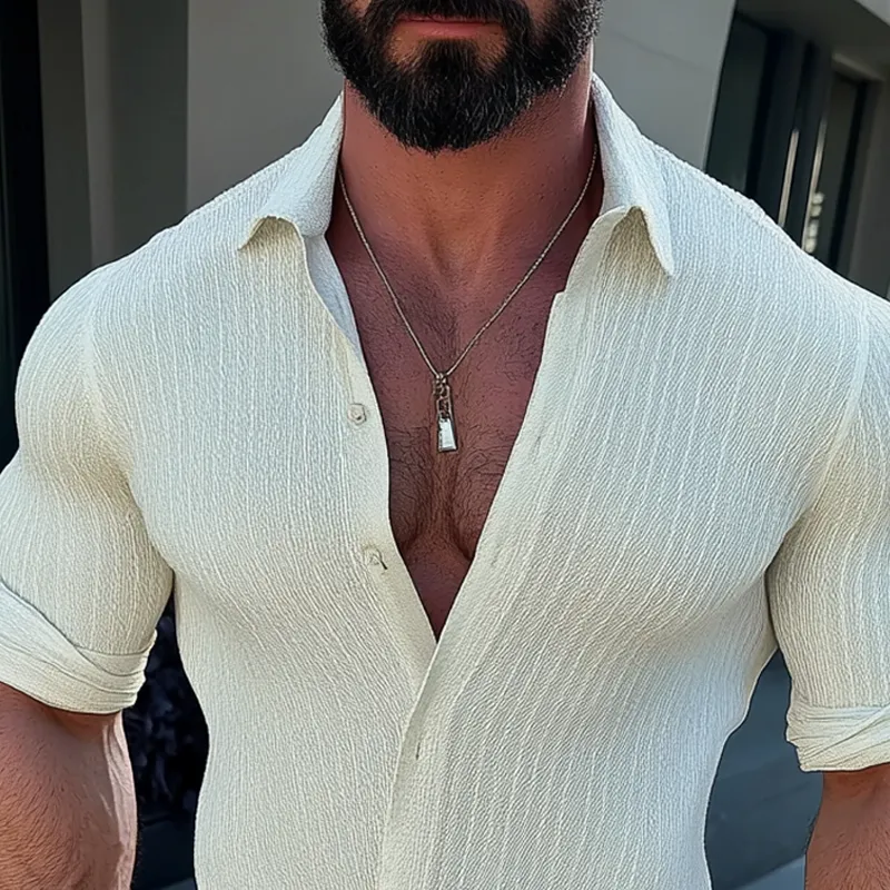 Men's Solid Striped Lapel Long Sleeve Shirt MTA2266D3Z sold by Manly product image thumbnail 3