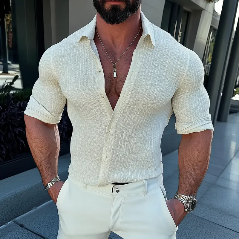 Men's Solid Striped Lapel Long Sleeve Shirt MTA2266D3Z sold by Manly product image thumbnail 2