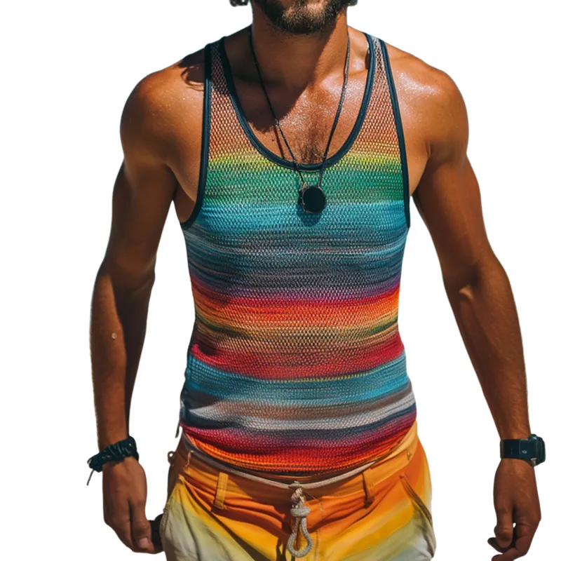 Men's Retro Casual Mesh Rainbow Stripe Print Crew Neck Tank Top MTA2271D9TO sold by Manly