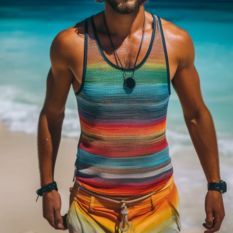 Men's Retro Casual Mesh Rainbow Stripe Print Crew Neck Tank Top MTA2271D9TO sold by Manly product image thumbnail 2