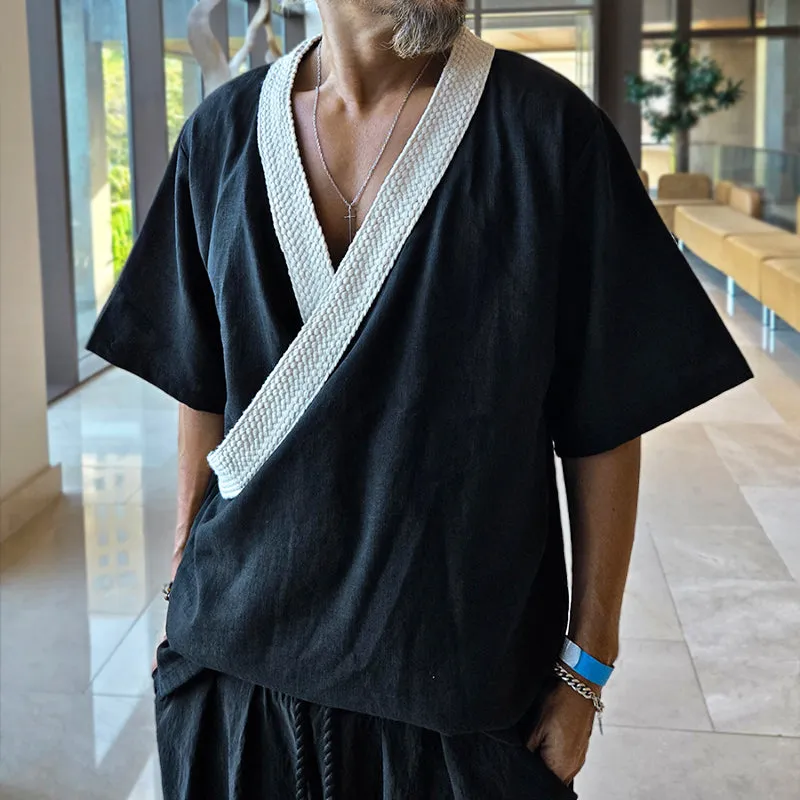 Men's Retro Casual Splicing Linen V-Neck Short Sleeve Shirt MTA2241D1TO sold by Manly product image thumbnail 2