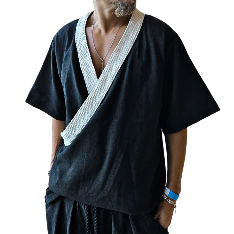 Men's Retro Casual Splicing Linen V-Neck Short Sleeve Shirt MTA2241D1TO sold by Manly