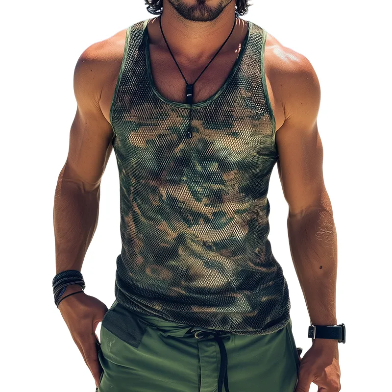 Men's Retro Casual Cool Mesh Camouflage Printed Round Neck Tank Top MTA2287D7TO sold by Manly