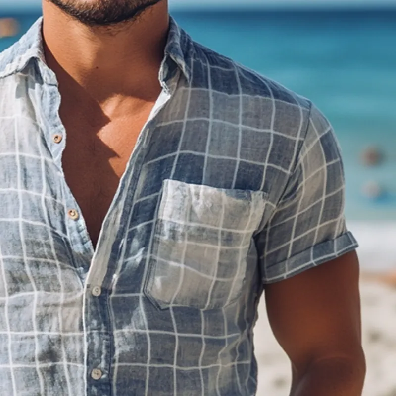 Men's Retro Casual Plaid Print Linen Lapel Pocket Short Sleeve Shirt MTA2219D2TO sold by Manly product image thumbnail 3