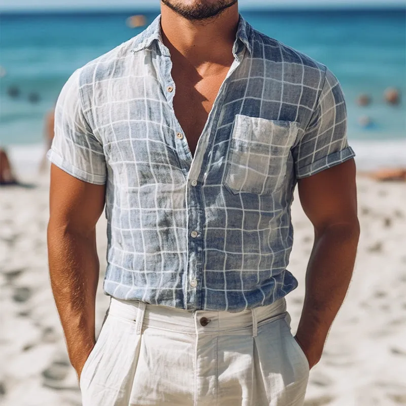 Men's Retro Casual Plaid Print Linen Lapel Pocket Short Sleeve Shirt MTA2219D2TO sold by Manly product image thumbnail 2