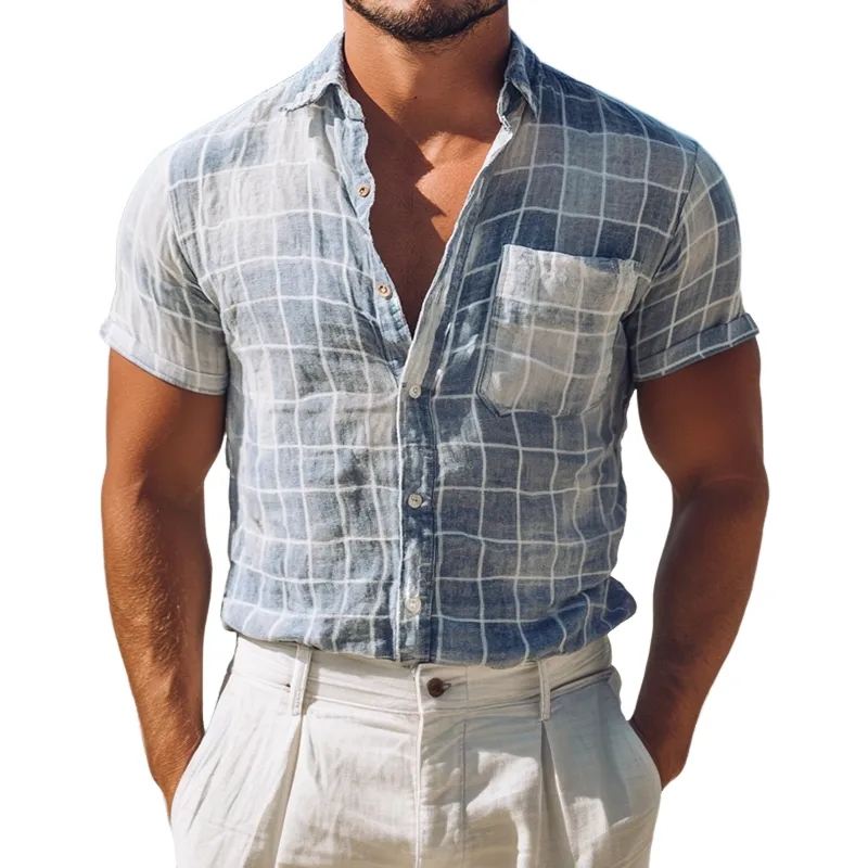 Men's Retro Casual Plaid Print Linen Lapel Pocket Short Sleeve Shirt MTA2219D2TO sold by Manly