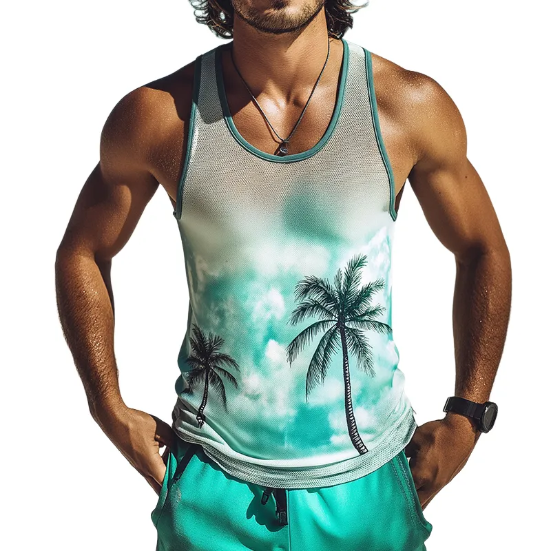 Men's Retro Casual Mesh Coconut Tree Print Crew Neck Tank Top MTA2251D6TO sold by Manly