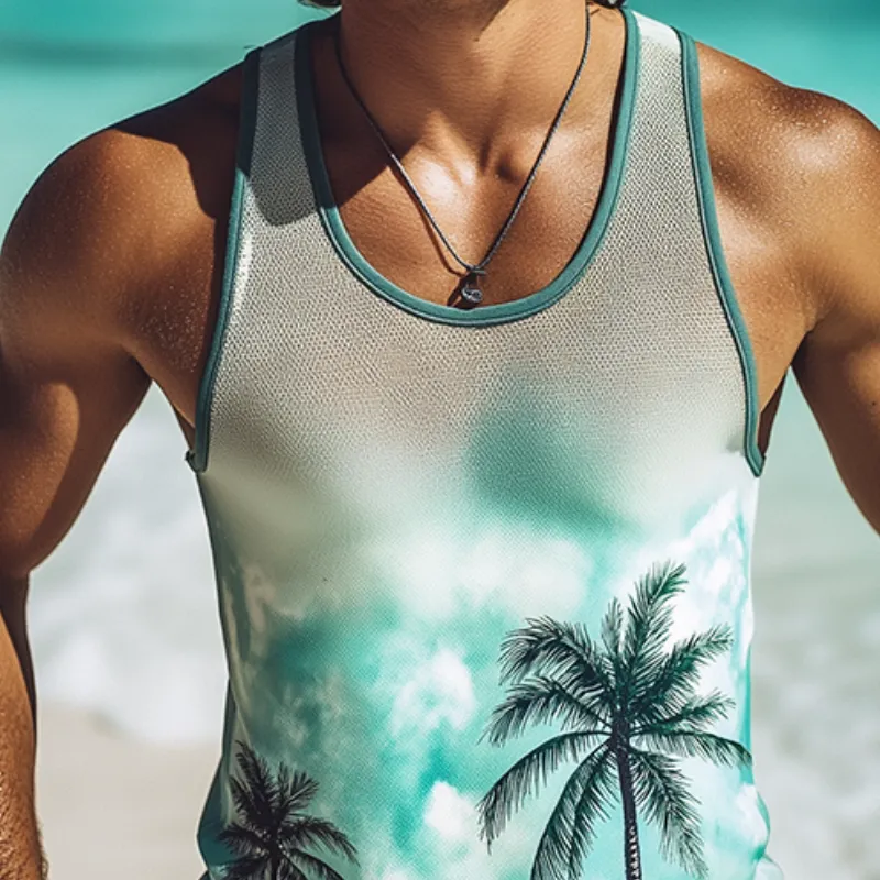 Men's Retro Casual Mesh Coconut Tree Print Crew Neck Tank Top MTA2251D6TO sold by Manly product image thumbnail 3