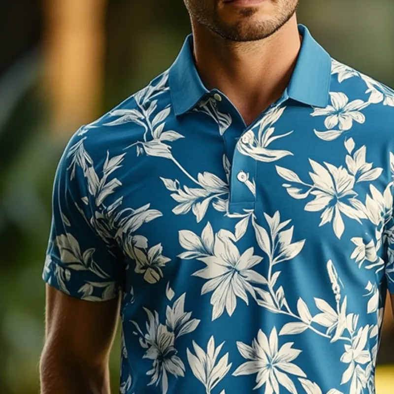 Men's Retro Casual Beach Hawaii Large Flower Short Sleeve Polo Shirt MTA2295D9TO sold by Manly product image thumbnail 3