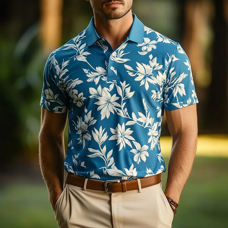 Men's Retro Casual Beach Hawaii Large Flower Short Sleeve Polo Shirt MTA2295D9TO sold by Manly product image thumbnail 2