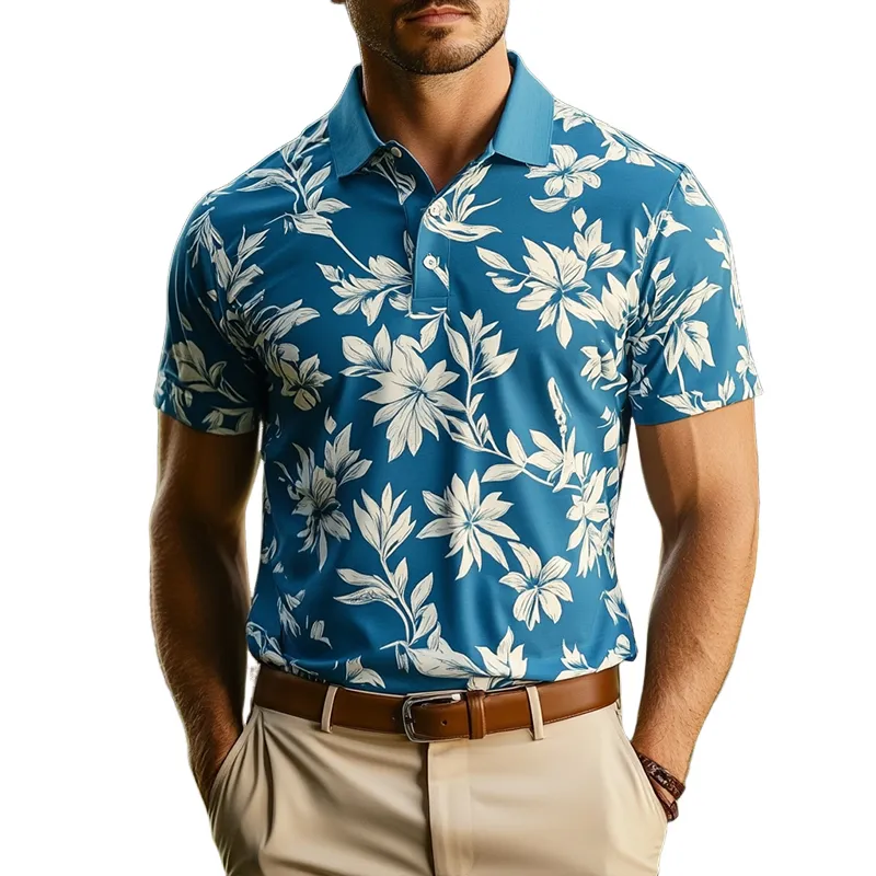 Men's Retro Casual Beach Hawaii Large Flower Short Sleeve Polo Shirt MTA2295D9TO sold by Manly