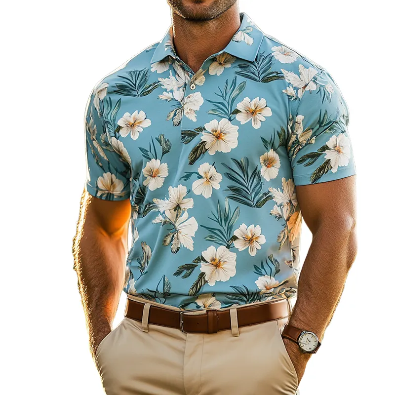 Men's Retro Casual Beach Hawaii Large Flower Short Sleeve Polo Shirt MTA2290D7TO sold by Manly