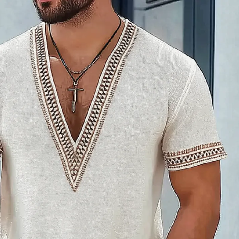 Men's Retro Casual Geometric Print Linen V-Neck Short Sleeve T-Shirt MTA2230D4TO sold by Manly product image thumbnail 3