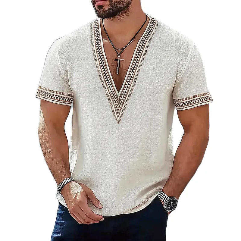 Men's Retro Casual Geometric Print Linen V-Neck Short Sleeve T-Shirt MTA2230D4TO sold by Manly