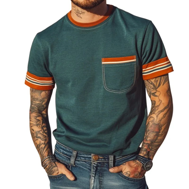 Men's Retro Casual Striped Printed Round Neck Short Sleeve T-Shirt MTA2264D2TO sold by Manly