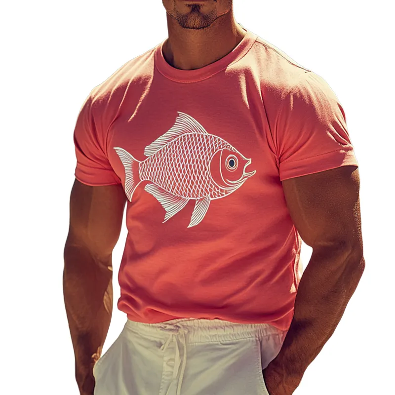 Men's Retro Casual Fish Printed Round Neck Short Sleeve T-Shirt MTA2284D4TO sold by Manly