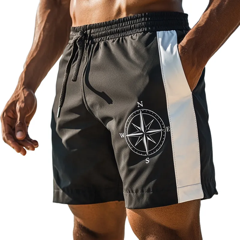 Men's Retro Casual Colorblock Compass Print Sports Drawstring Beach Shorts MTA2251D8TO sold by Manly