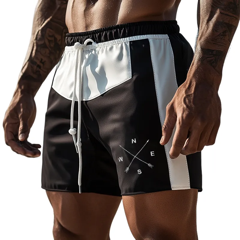 Men's Retro Casual Colorblock Compass Print Sports Drawstring Beach Shorts MTA2276D4TO sold by Manly
