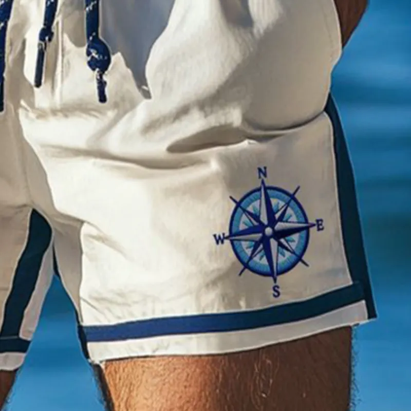 Men's Retro Casual Colorblock Compass Print Sports Drawstring Beach Shorts MTA2215D6TO sold by Manly product image thumbnail 3