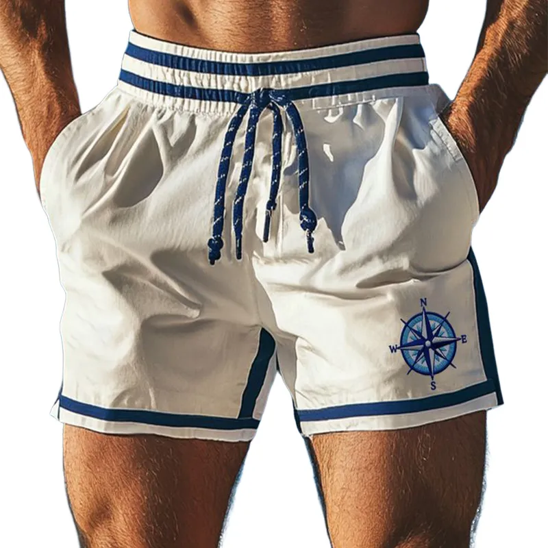 Men's Retro Casual Colorblock Compass Print Sports Drawstring Beach Shorts MTA2215D6TO sold by Manly