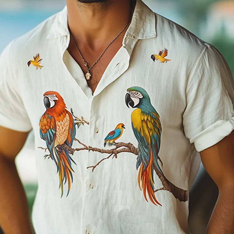Men's Summer Fashion Casual Hawaiian Style Flamingo Printed Cotton and Linen Short Sleeve Shirt MTA2265D2K sold by Manly product image thumbnail 4