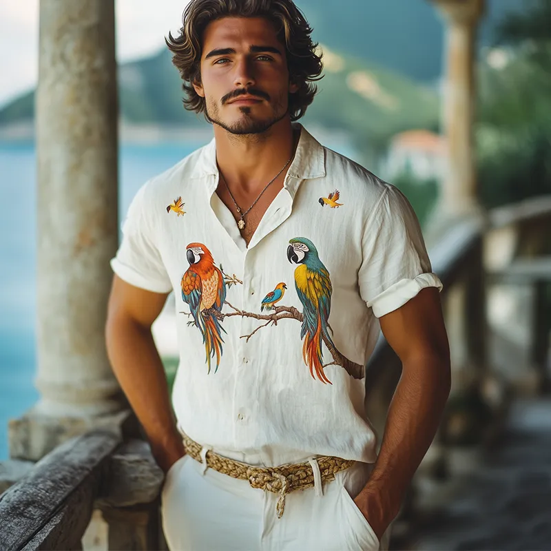 Men's Summer Fashion Casual Hawaiian Style Flamingo Printed Cotton and Linen Short Sleeve Shirt MTA2265D2K sold by Manly product image thumbnail 3