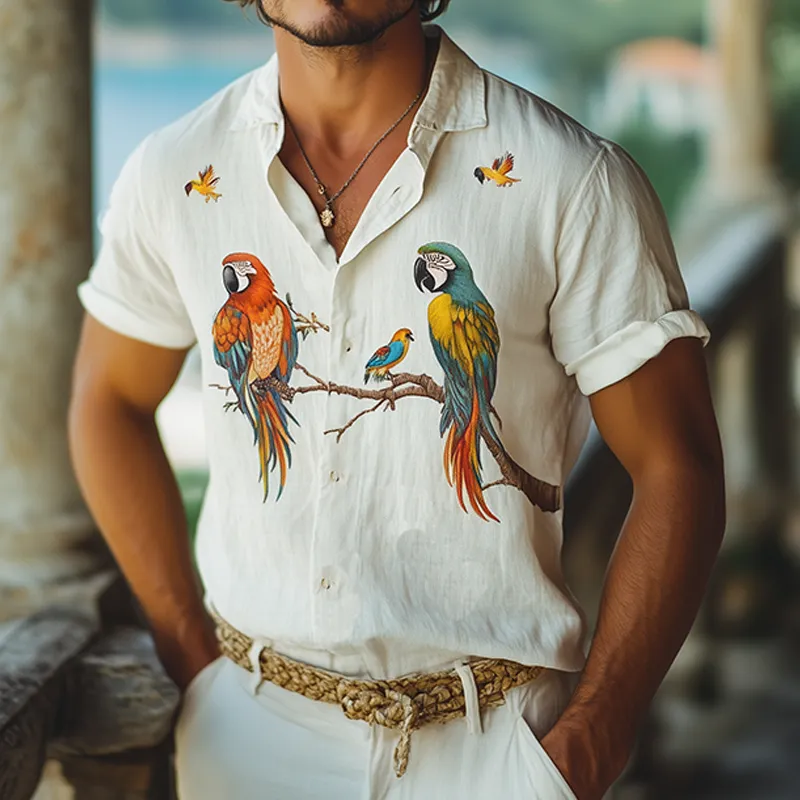 Men's Summer Fashion Casual Hawaiian Style Flamingo Printed Cotton and Linen Short Sleeve Shirt MTA2265D2K sold by Manly product image thumbnail 2