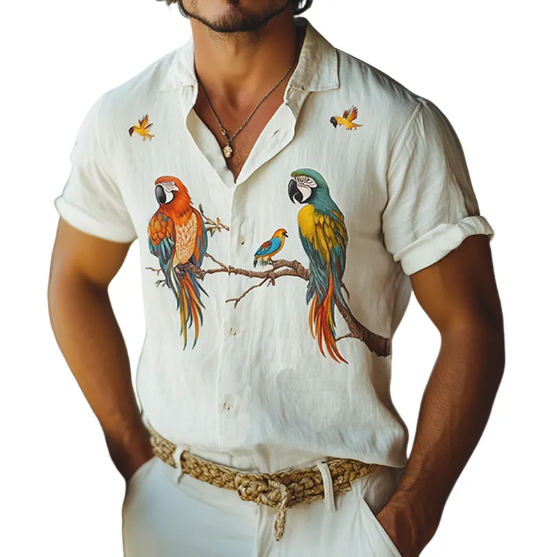 Men's Summer Fashion Casual Hawaiian Style Flamingo Printed Cotton and Linen Short Sleeve Shirt MTA2265D2K sold by Manly