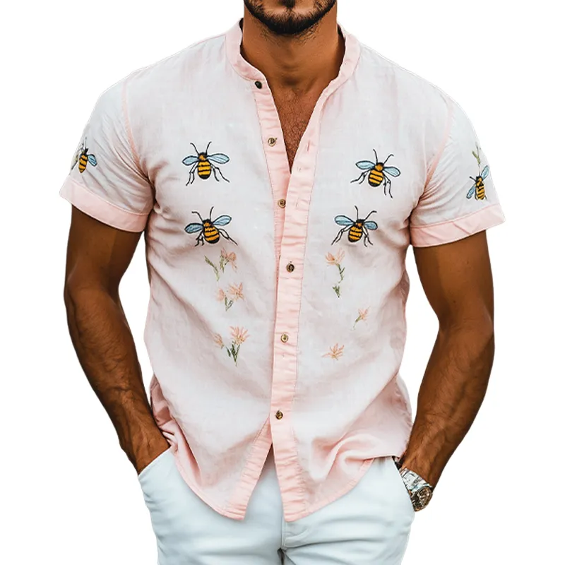 Men's Summer Fashion Casual Stand Collar Bee Embroidery Cotton and Linen Short Sleeve Shirt MTA2188D6K sold by Manly