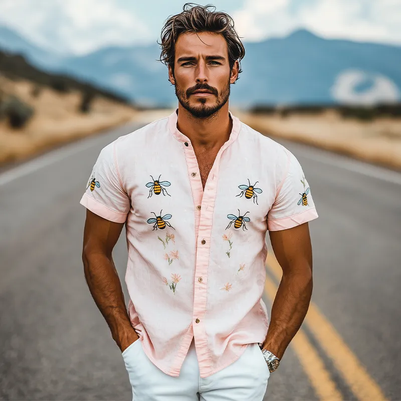 Men's Summer Fashion Casual Stand Collar Bee Embroidery Cotton and Linen Short Sleeve Shirt MTA2188D6K sold by Manly product image thumbnail 3