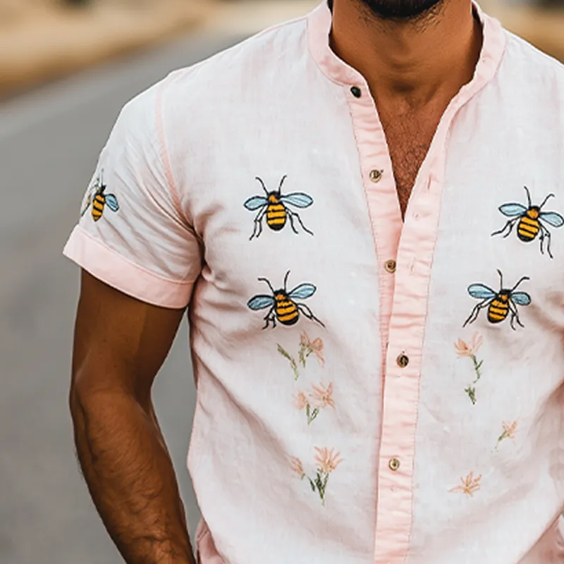 Men's Summer Fashion Casual Stand Collar Bee Embroidery Cotton and Linen Short Sleeve Shirt MTA2188D6K sold by Manly product image thumbnail 5