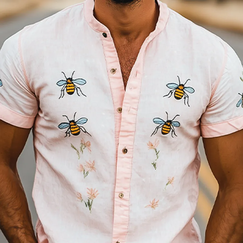 Men's Summer Fashion Casual Stand Collar Bee Embroidery Cotton and Linen Short Sleeve Shirt MTA2188D6K sold by Manly product image thumbnail 4