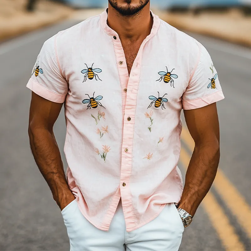 Men's Summer Fashion Casual Stand Collar Bee Embroidery Cotton and Linen Short Sleeve Shirt MTA2188D6K sold by Manly product image thumbnail 2